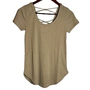 Chaser Ribbed Scoop Neck Open Back with Knotted Criss Cross Straps Tan T-shirt M